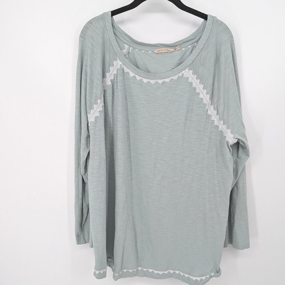 Soft Surroundings Long Sleeve Top Women Plus 3X Green Embroidered Slub Knit